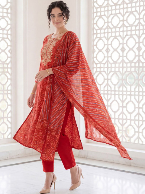 Indo Era Women Ethnic Motifs Printed Regular Mirror Work Pure Cotton Kurta with Trousers & With Dupatta
