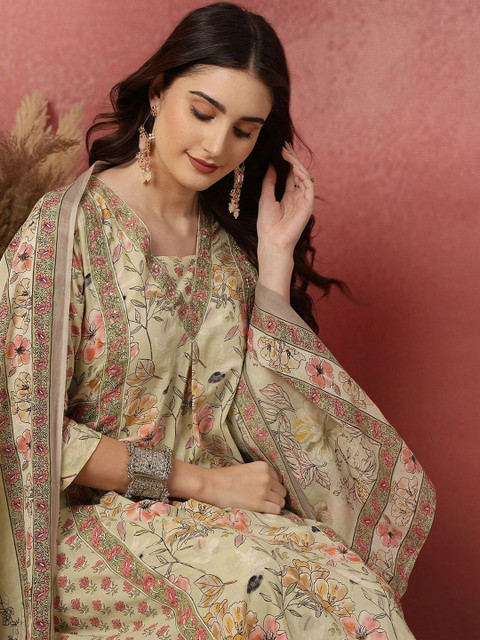 Anouk Women Floral Printed Regular Pure Cotton Kurti & Trouser With Dupatta - Image 2
