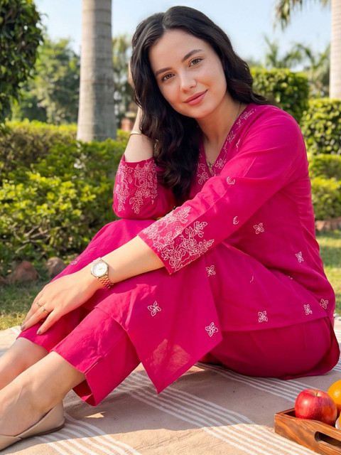 Indo Era Women Floral Embroidered Regular Pure Cotton Kurta with Trousers - Image 5