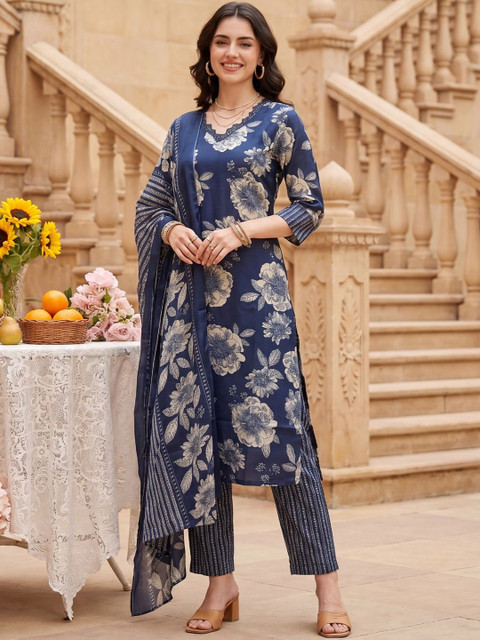 Indo Era Women Floral Printed Regular Kurta with Trousers & With Dupatta - Image 6