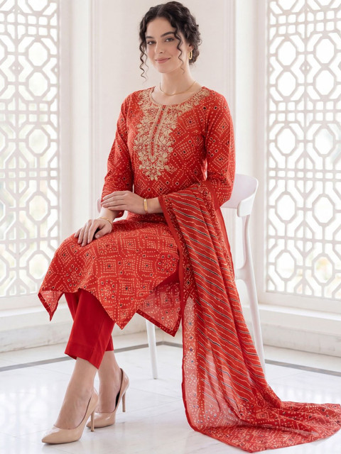 Indo Era Women Ethnic Motifs Printed Regular Mirror Work Pure Cotton Kurta with Trousers & With Dupatta - Image 5