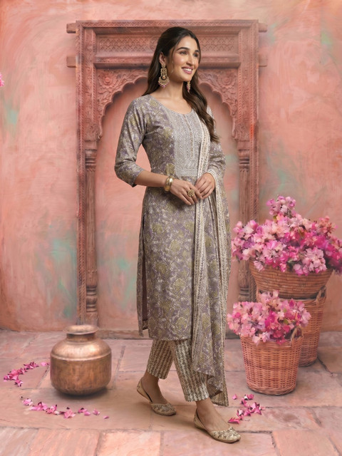 NAVYAAZRI Women Ethnic Motifs Printed Regular Thread Work Kurta with Trousers & With Dupatta