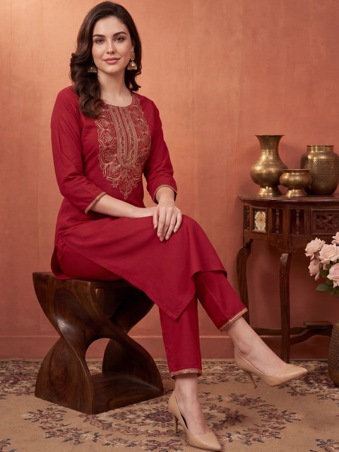Indo Era Women Ethnic Motifs Embroidered Regular Thread Work Pure Cotton Kurta with Trousers