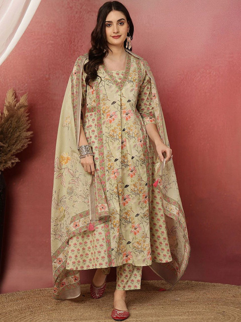 Anouk Women Floral Printed Regular Pure Cotton Kurti & Trouser With Dupatta