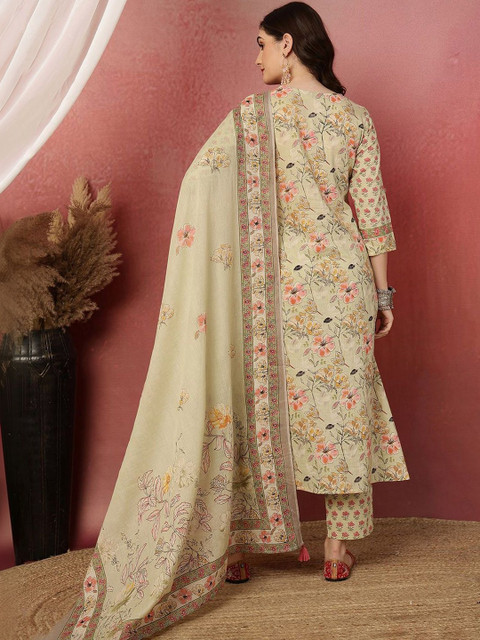Anouk Women Floral Printed Regular Pure Cotton Kurti & Trouser With Dupatta - Image 4