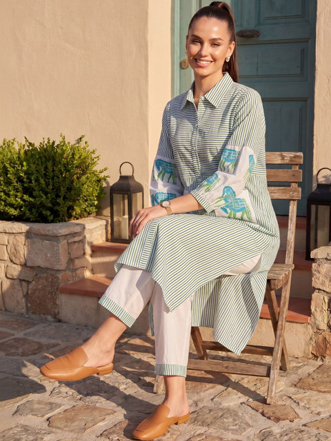 Indo Era Women Striped Regular Pure Cotton Kurta with Trousers