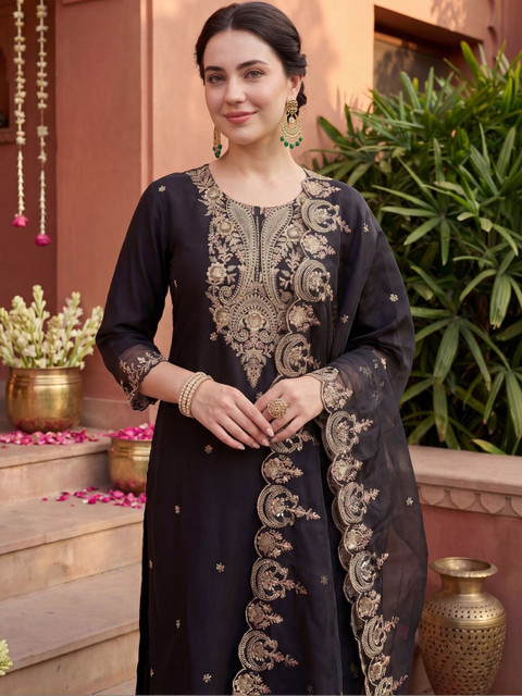 Indo Era Women Ethnic Motifs Embroidered Regular Thread Work Liva Kurta with Trousers & With Dupatta - Image 3