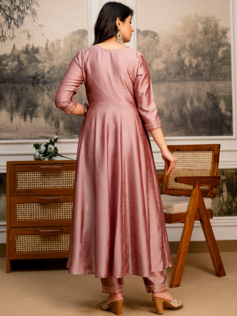 Berrylicious Women Ethnic Motifs Yoke Design Angrakha Mirror Work Pure Silk Kurta with Trousers & With - Image 4