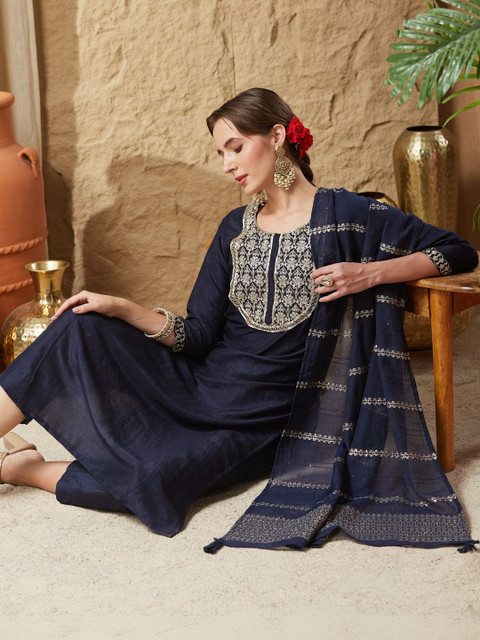 Fabhuman Women Ethnic Motifs Embroidered Regular Thread Work Kurta with Trousers & With Dupatta - Image 4