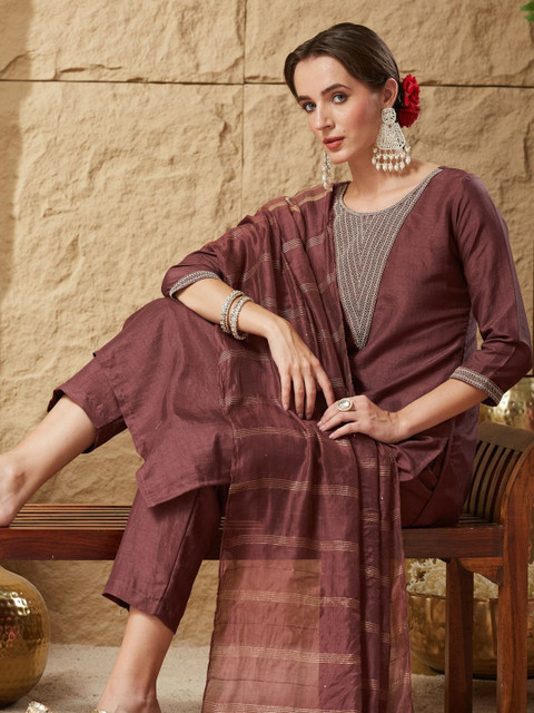 Fabhuman Women Regular Thread Work Kurta with Trousers & With Dupatta - Image 2