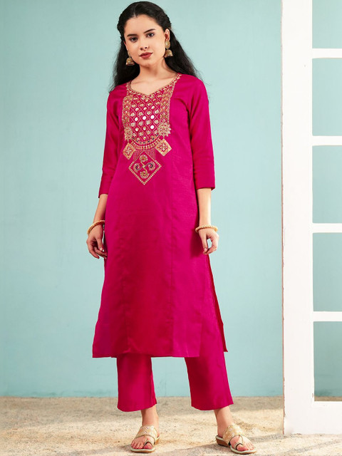 KALINI Women Ethnic Motifs Embroidered Regular Mirror Work Kurta with Trousers & With Dupatta - Image 7