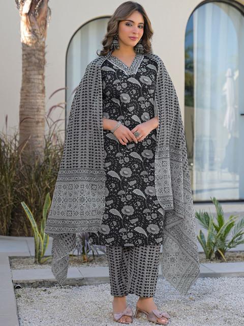 Anouk Mirage Women Floral Printed Regular Mirror Work Kurta with Palazzos & With Dupatta