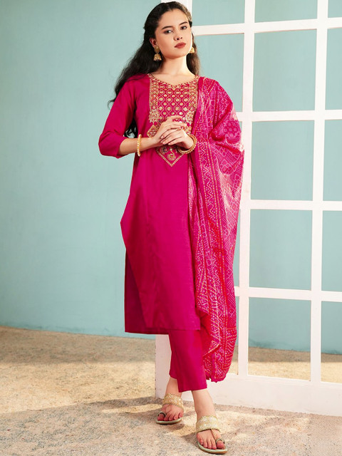 KALINI Women Ethnic Motifs Embroidered Regular Mirror Work Kurta with Trousers & With Dupatta