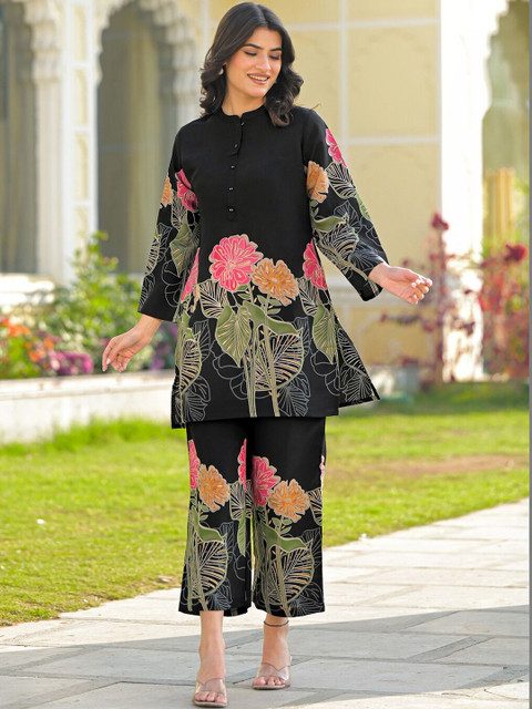 SKYLEE Foil Printed Black Silk Co Ords for Women