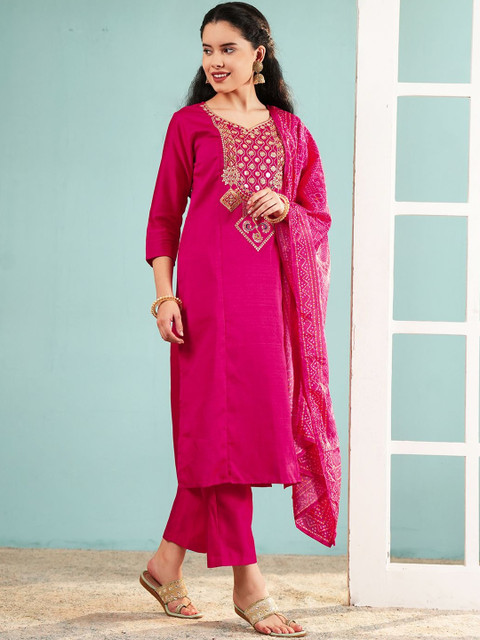 KALINI Women Ethnic Motifs Embroidered Regular Mirror Work Kurta with Trousers & With Dupatta - Image 5