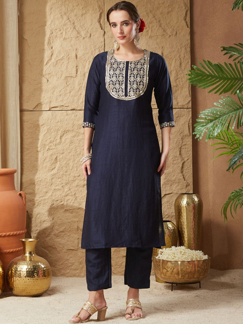 Fabhuman Women Ethnic Motifs Embroidered Regular Thread Work Kurta with Trousers & With Dupatta - Image 6