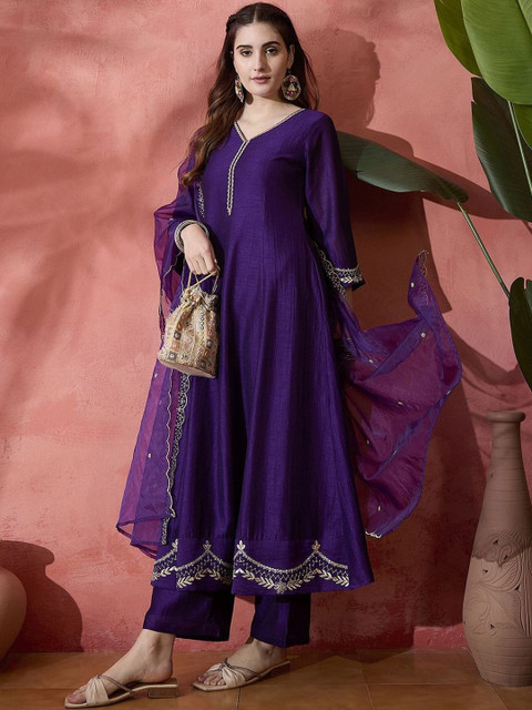 HERE&NOW Women Ethnic Motifs Embroidered Angrakha Thread Work Kurta with Trousers & With Dupatta