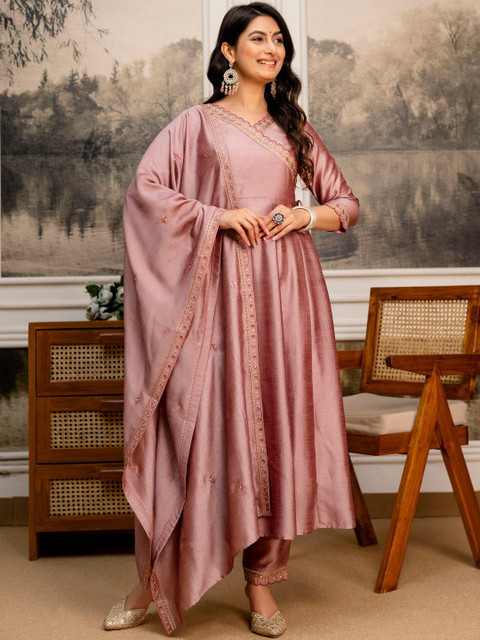 Berrylicious Women Ethnic Motifs Yoke Design Angrakha Mirror Work Pure Silk Kurta with Trousers & With - Image 6