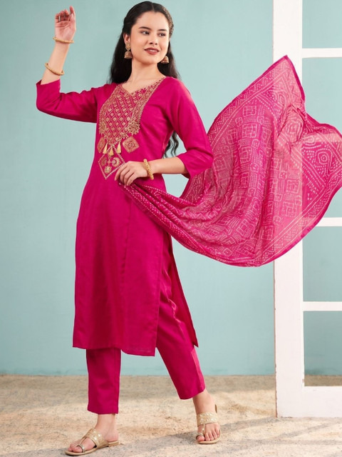 KALINI Women Ethnic Motifs Embroidered Regular Mirror Work Kurta with Trousers & With Dupatta - Image 4