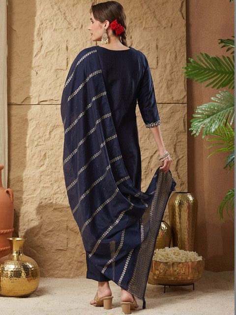 Fabhuman Women Ethnic Motifs Embroidered Regular Thread Work Kurta with Trousers & With Dupatta - Image 3