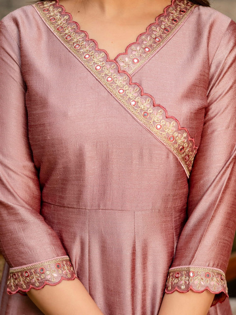 Berrylicious Women Ethnic Motifs Yoke Design Angrakha Mirror Work Pure Silk Kurta with Trousers & With - Image 3