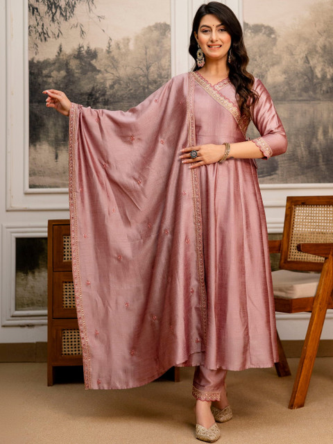 Berrylicious Women Ethnic Motifs Yoke Design Angrakha Mirror Work Pure Silk Kurta with Trousers & With - Image 7