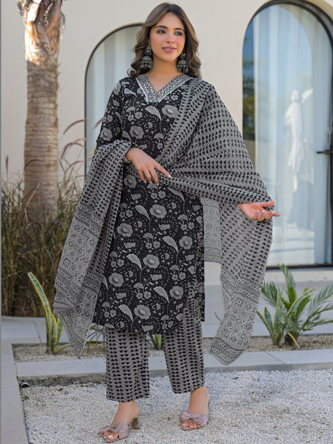 Anouk Mirage Women Floral Printed Regular Mirror Work Kurta with Palazzos & With Dupatta - Image 6
