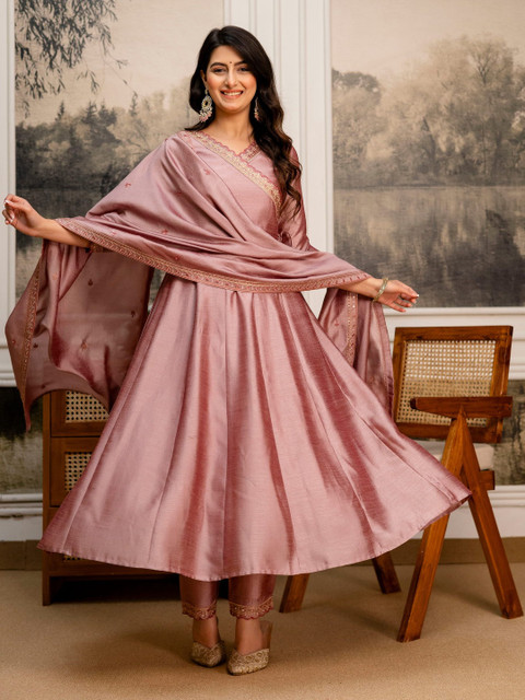 Berrylicious Women Ethnic Motifs Yoke Design Angrakha Mirror Work Pure Silk Kurta with Trousers & With