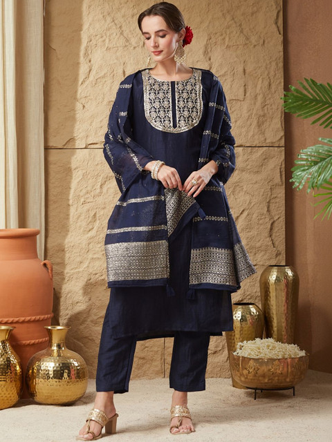 Fabhuman Women Ethnic Motifs Embroidered Regular Thread Work Kurta with Trousers & With Dupatta - Image 2