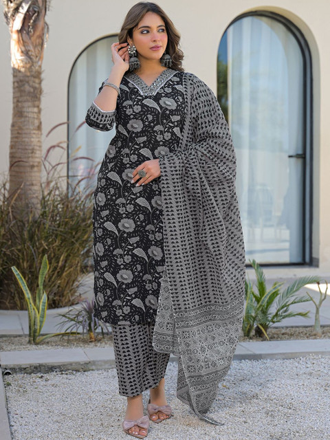 Anouk Mirage Women Floral Printed Regular Mirror Work Kurta with Palazzos & With Dupatta - Image 7