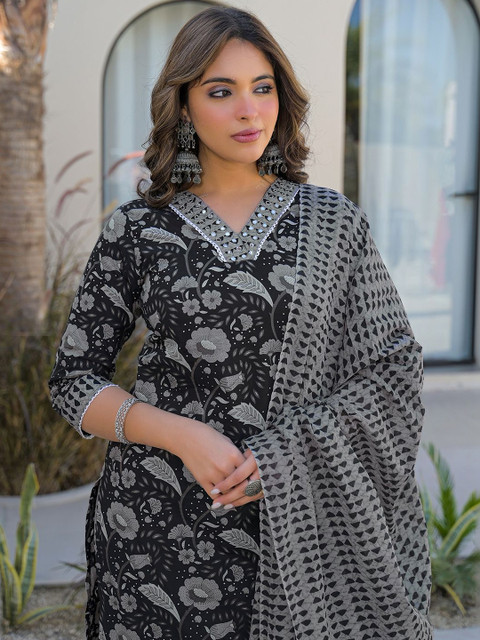 Anouk Mirage Women Floral Printed Regular Mirror Work Kurta with Palazzos & With Dupatta - Image 2