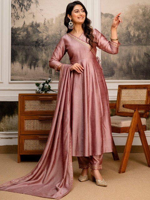 Berrylicious Women Ethnic Motifs Yoke Design Angrakha Mirror Work Pure Silk Kurta with Trousers & With - Image 5