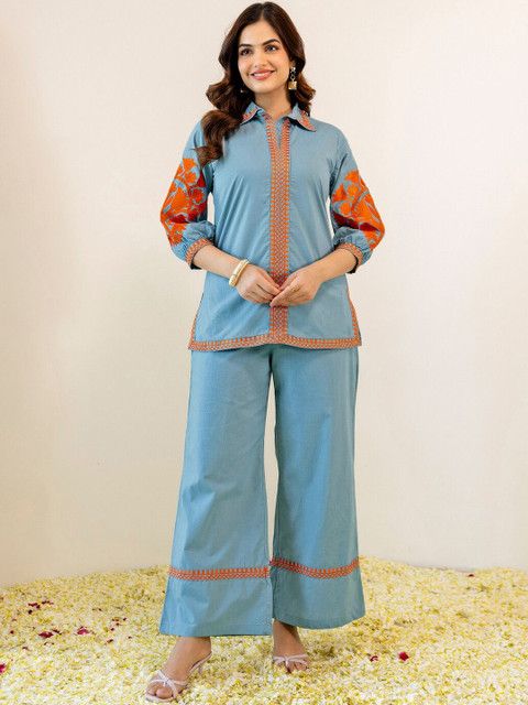SKYLEE Embroidered Shirt with Palazzos