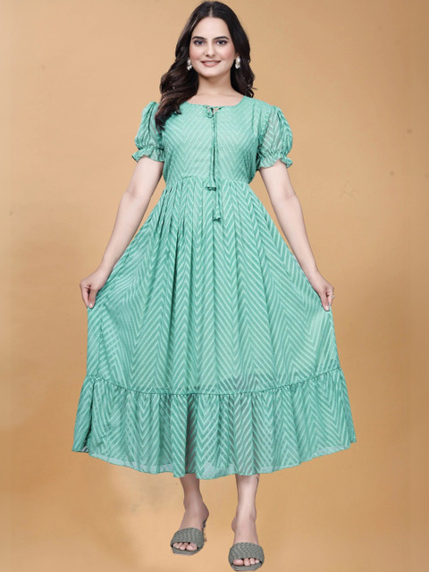 Moda Rapido Tribal Print Puff Sleeve Georgette A-Line Midi Dress