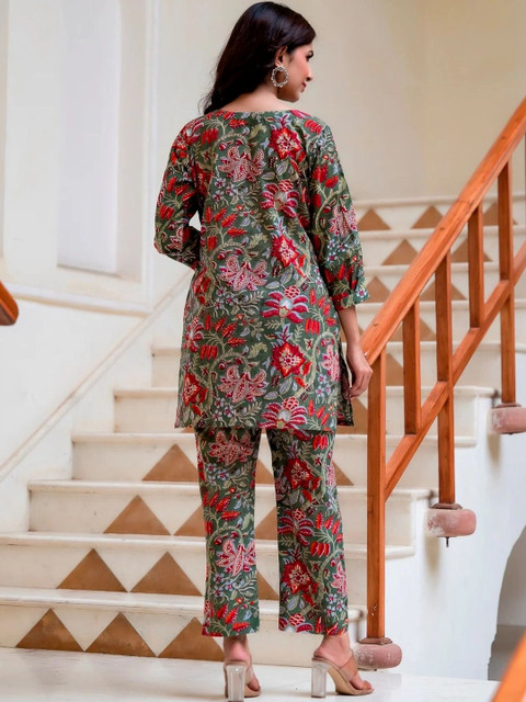 Olive Green Floral Printed Tunic with Trousers - Image 2