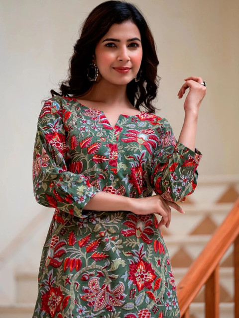 Olive Green Floral Printed Tunic with Trousers - Image 5