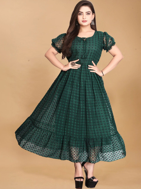 Moda Rapido Puff Sleeve Georgette A-Line Midi Dress