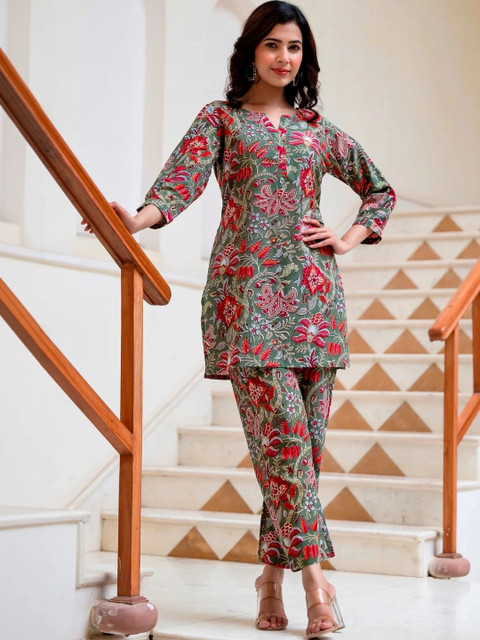 Olive Green Floral Printed Tunic with Trousers