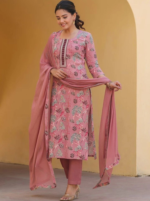 StyleScope Women Floral Printed Regular Thread Work Kurta With Trousers & With Dupatta - Image 2