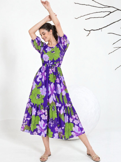 Umoly Floral Print Puff Sleeve Georgette A-Line Midi Dress - Image 4