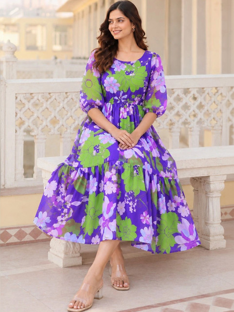 Umoly Floral Print Puff Sleeve Georgette A-Line Midi Dress - Image 5