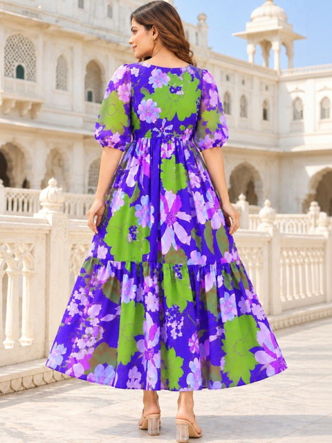 Umoly Floral Print Puff Sleeve Georgette A-Line Midi Dress - Image 6