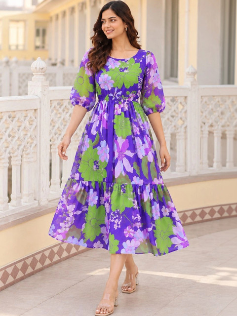 Umoly Floral Print Puff Sleeve Georgette A-Line Midi Dress - Image 2