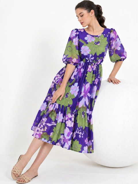 Umoly Floral Print Puff Sleeve Georgette A-Line Midi Dress - Image 5