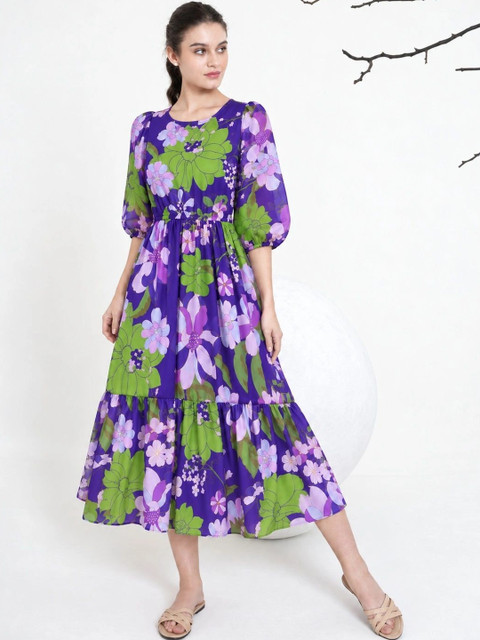 Umoly Floral Print Puff Sleeve Georgette A-Line Midi Dress