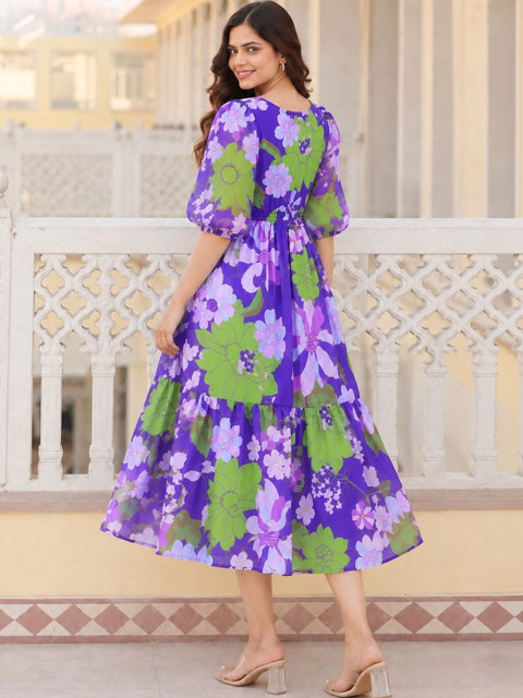 Umoly Floral Print Puff Sleeve Georgette A-Line Midi Dress - Image 4