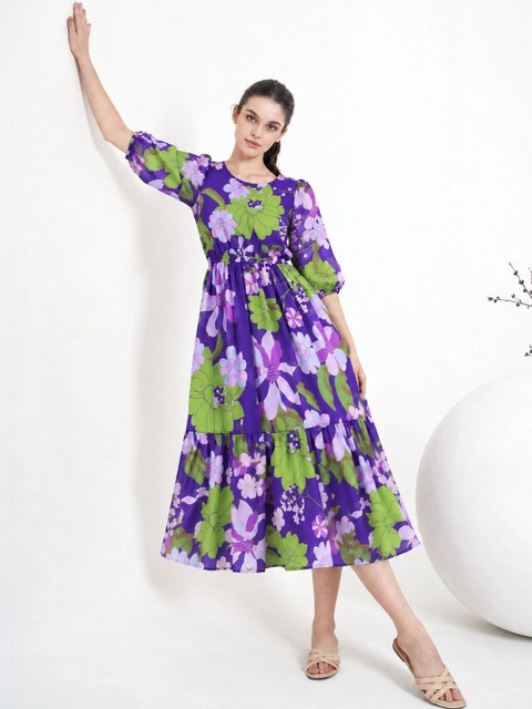 Umoly Floral Print Puff Sleeve Georgette A-Line Midi Dress - Image 2