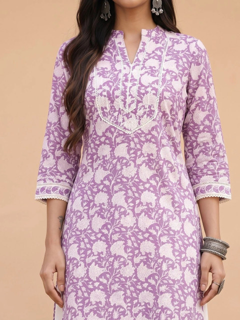 fusion by glitchez Women Floral Printed Block Print Kurta - Image 5