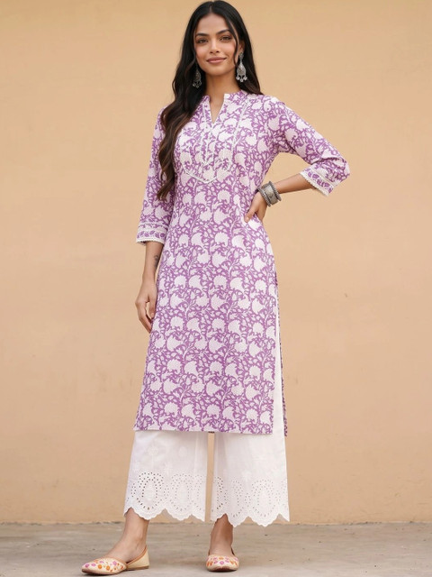 fusion by glitchez Women Floral Printed Block Print Kurta - Image 3