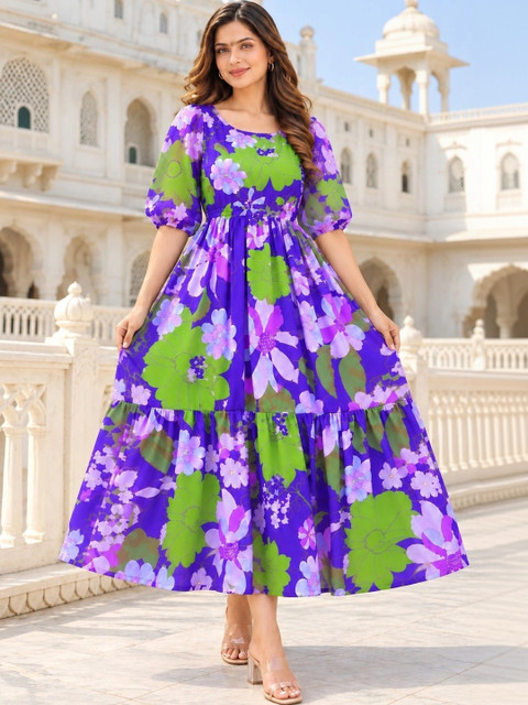 Umoly Floral Print Puff Sleeve Georgette A-Line Midi Dress - Image 5
